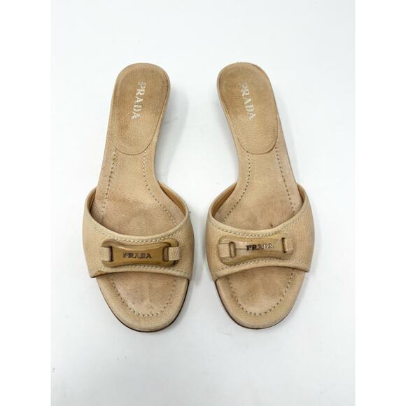 Prada Shoes - Vintage Prada Beige Leather Logo Sandal Kitten Heel retro size 37 Slip On Mule